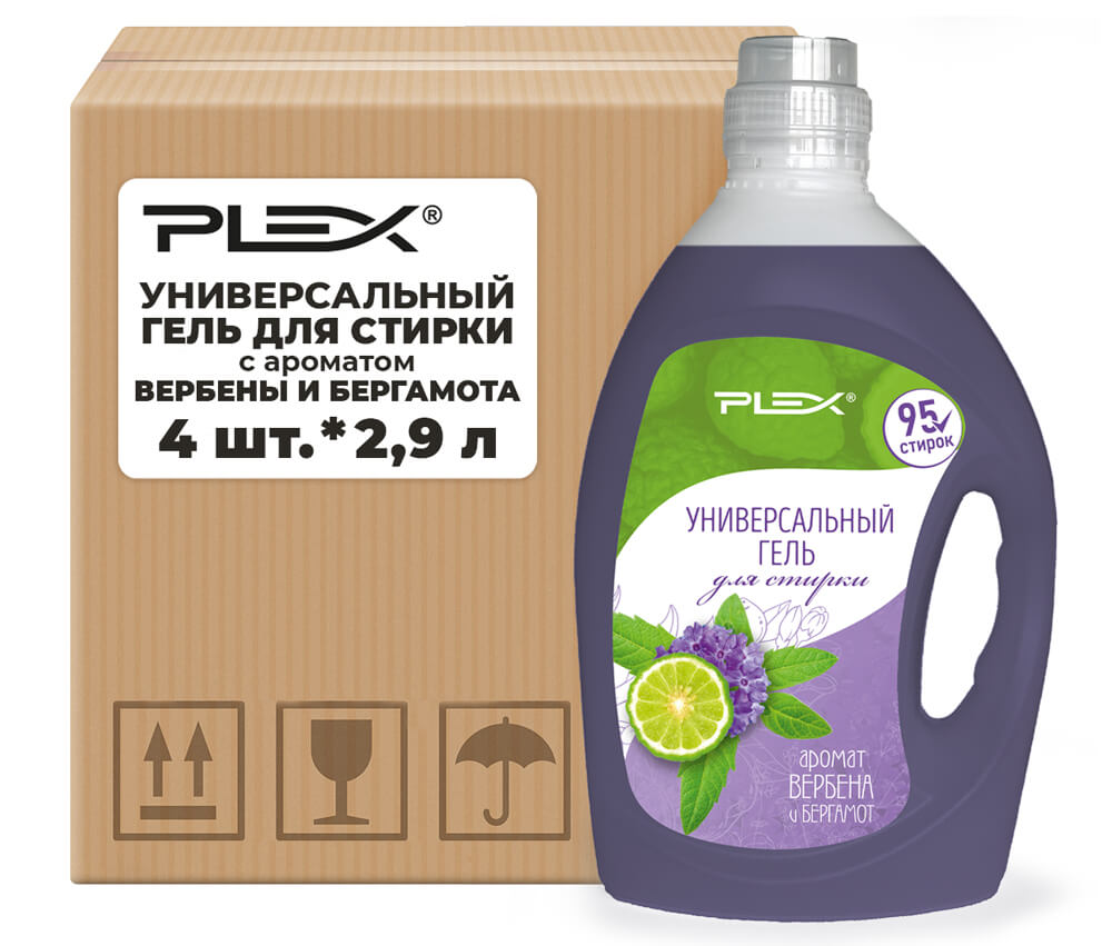 Универсальный гель для стирки с ароматом вербены и бергамота PLEX 2,9 л x 4 шт